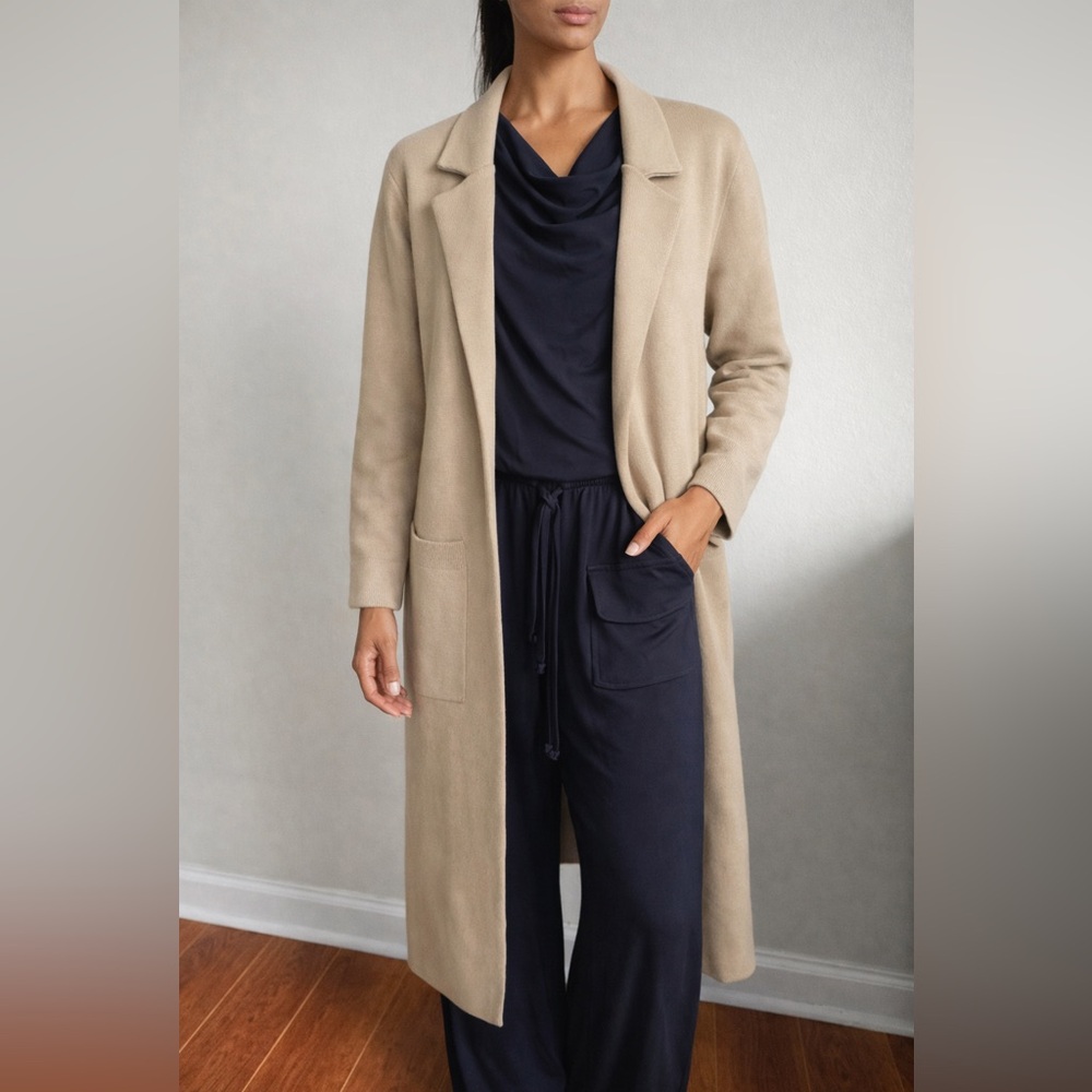 ANRABESS Knit Blazer Duster – Size L (Stone/Taupe)